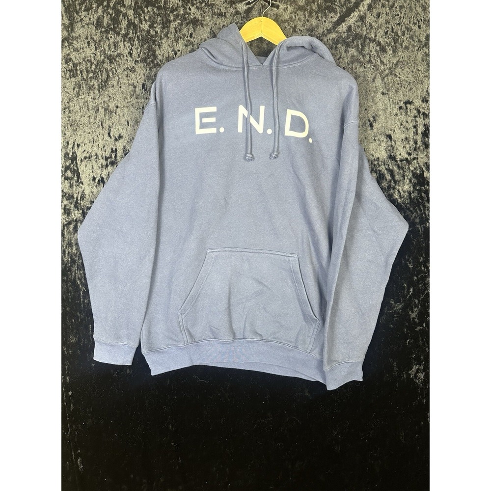 Vintage Pennant Sportswear Hoodie Mens L Blue E.N.D Spell Out Graphic Fleece
